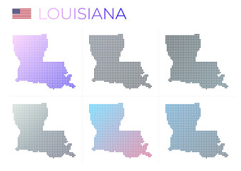 Louisiana dotted map set. Map of Louisiana in dotted style. Borders of the US state filled with beautiful smooth gradient circles. Captivating vector illustration.