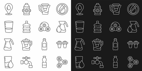 Set line Chemical formula for H2O, Water filter, Jug glass with water, jug, Big bottle clean, Glass, drop location and icon. Vector
