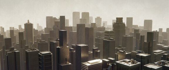 Cityscape panorama in muted golden tones with atmospheric perspective. 3D rendering