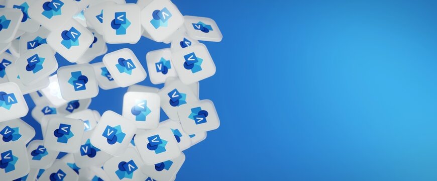 Logo of Microsoft Office application Microsoft Visio on floating translucent blocks. Editorial 3D rendering