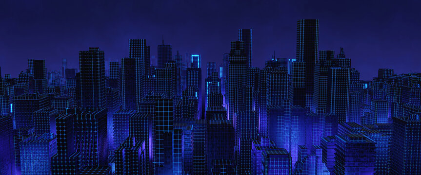 Concept of digital cyber city in purple and blue tones. 3D rendering
