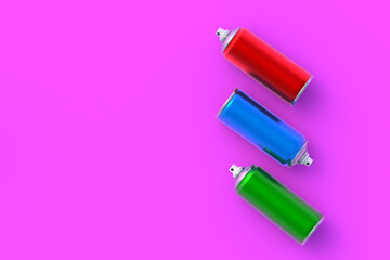 Metallic cans of spray paint. Hairspray or lacquer. Disinfectant sprayer. Renovation equipment. Gas in aerosol container. Tool for street art. Copy space. Top view. 3d render