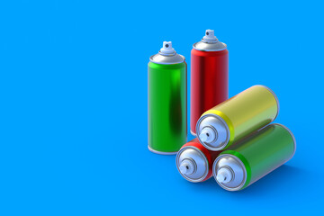 Different metallic cans of spray paint. Hairspray or lacquer. Disinfectant sprayer. Renovation equipment. Gas in aerosol container. Tool for street art. Copy space. 3d render
