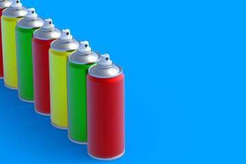 Row of metallic cans of spray paint. Hairspray or lacquer. Disinfectant sprayer. Renovation equipment. Gas in aerosol container. Tool for street art. Copy space. 3d render