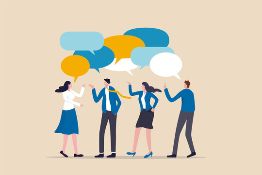 Discussion, conversation or brainstorming for idea, meeting, debate or team communication, colleague chatting, opinion concept, business team coworker discussing work in meeting with speech bubbles.