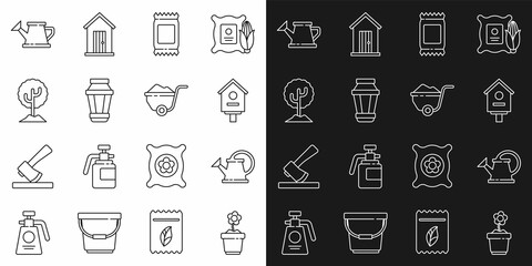 Set line Flower in pot, Watering can, Bird house, Fertilizer bag, Garden light lamp, Tree, and Wheelbarrow with dirt icon. Vector