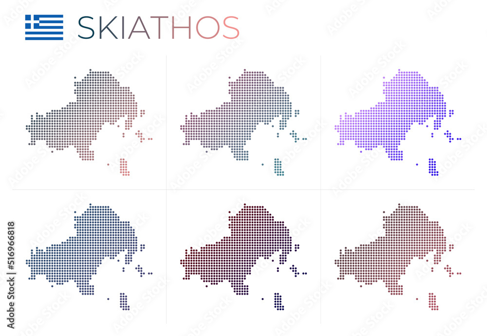 Poster skiathos dotted map set. map of skiathos in dotted style. borders of the island filled with beautifu