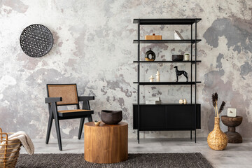 The stylish composition of wabi sabi interior with black rack, rattan armchair, carpet, coffee table and personal accesoories. Grey concrete wall. Home decor. Template.