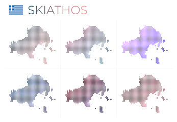 Skiathos dotted map set. Map of Skiathos in dotted style. Borders of the island filled with beautiful smooth gradient circles. Artistic vector illustration.