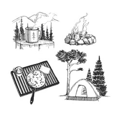 Vector set illustrations of objects for camping. Hand drawn sketch of mug with steam, on mountains background, grill with food in pan, tent and bonfire. Life in the camp. - 516966825