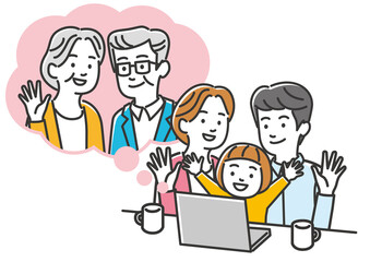 祖父母とオンラインで連絡をとる家族、リモート帰省