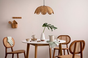 The stylish dining room with round table, rattan chair, lamp and kitchen accessories. Green leaf in vase.  Beige wall. Home decor. Template.