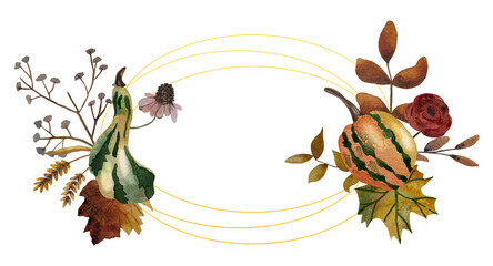 Watercolor autumn dry flowers and leaves, golden geometric frame, pumpkins, sunflowers, dahlias. Frames of their dry flowers and foliage