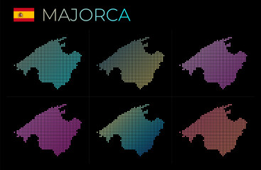 Fototapeta premium Majorca dotted map set. Map of Majorca in dotted style. Borders of the island filled with beautiful smooth gradient circles. Vibrant vector illustration.