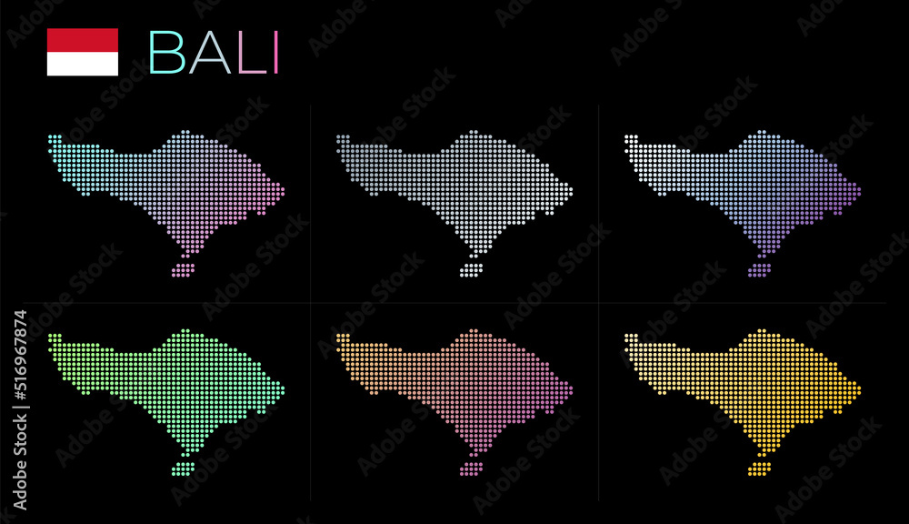 Poster bali dotted map set. map of bali in dotted style. borders of the island filled with beautiful smooth