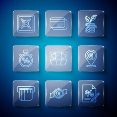 Fototapeta premium Set line Credit card, Financial growth and euro coin, Finance document, Dollar plant, Stacks paper money cash, Stopwatch percent, Safe and Cash location icon. Vector
