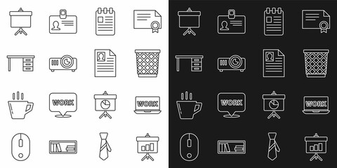 Set line Chalkboard with diagram, Laptop text work, Trash can, Spiral notebook, Movie, film, media projector, Office desk, and Resume icon. Vector
