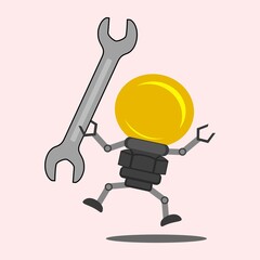 Cartoon character of bulb lamp with wrench. 