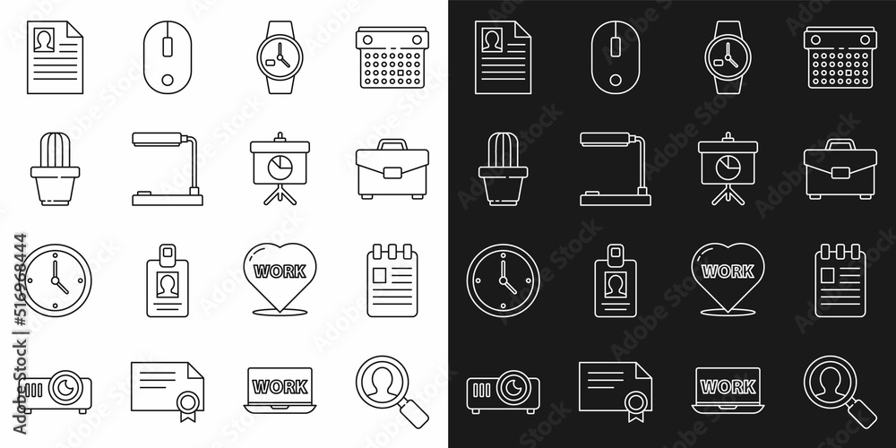 Wall mural Set line Magnifying glass for search people, Spiral notebook, Briefcase, Wrist watch, Table lamp, Cactus and succulent pot, Resume and Chalkboard with diagram icon. Vector