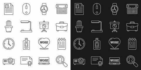 Set line Magnifying glass for search people, Spiral notebook, Briefcase, Wrist watch, Table lamp, Cactus and succulent pot, Resume and Chalkboard with diagram icon. Vector