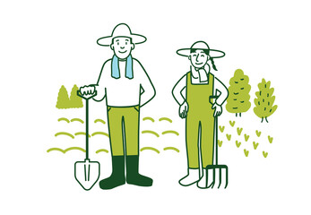 畑の前に立つ夫婦