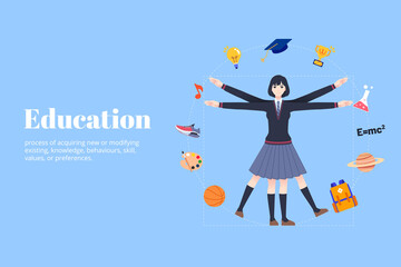 Student in Vitruvian Pose with Educational Subjects Around