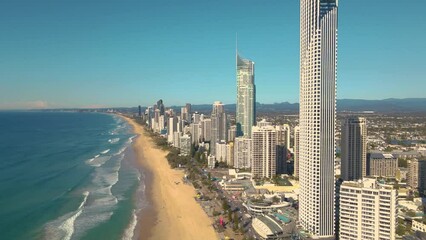 Aerial drone view of the iconic Gold Coast Beach at Surfers Paradise on the Gold Coast of Queensland, Australia on a sunny day 