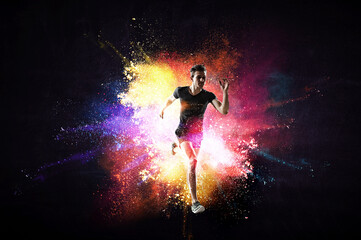 Naklejka premium Man in sportwear running . Mixed media