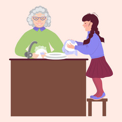 Granddaughter helps the grandmother to wash the dishes. Little girl wipes a plate with a towel. Housework. Illustration in flat style