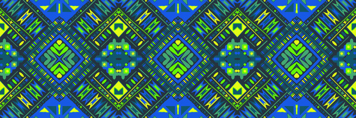 Ethnic carpet with geometric mosaic aztec style stripes on tile. majolica Antique interior,modern rugs,geographic print on kente clot textile.Tribal vector ornament seamless african pattern.multicolor