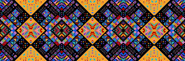 Ethnic carpet with geometric mosaic aztec style stripes on tile. majolica Antique interior,modern rugs,geographic print on kente clot textile.Tribal vector ornament seamless african pattern.multicolor