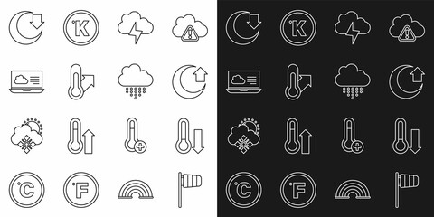 Set line Cone windsock wind vane, Meteorology thermometer, Moon, Storm, Weather forecast, and Cloud with rain icon. Vector