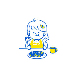 Cute Cartoon Happy Little Girl Eating.Vector illustration isolated on background.