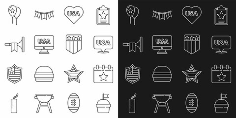 Set line Cake, Calendar with date July 4, USA Independence day, on monitor, Trumpet, Balloons and Shield stars icon. Vector