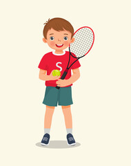Obraz na płótnie Canvas cute little boy athlete holding tennis racket and ball ready to play tennis at sport club