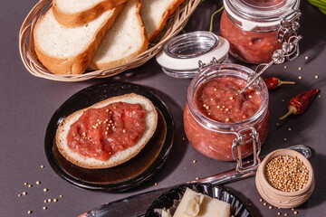 Chutney from rhubarb. Set of ingredients for a healthy breakfast