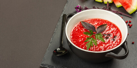 Watermelon gazpacho, traditional Spanish summer cold soup