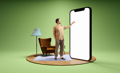 Photo and 3d illustration of man standing next to huge 3d model of smartphone with empty white...