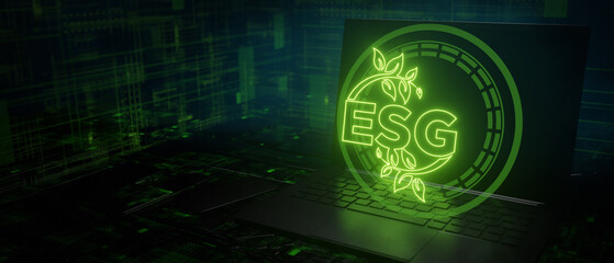 ESG environment icon on laptop.Green eco sustainability and responsibility concept banner background 3D render