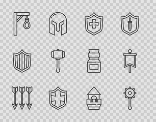 Set line Crossed arrows, Medieval chained mace ball, Shield, Gallows, Hammer, Castle tower and flag icon. Vector