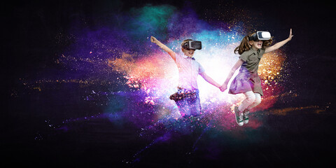 Kids wearing virtual reality goggles