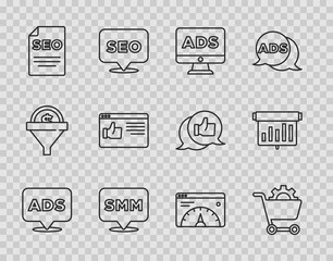 Set line Advertising, Shopping cart, Social media marketing, SEO optimization, Browser window, Website statistic and Board with graph chart icon. Vector