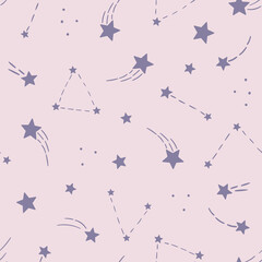 Purple and pink shooting stars vector pattern, seamless background