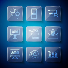 Set line Advertising, Customer product rating, Browser setting, Website template, Shopping cart, Magnifying glass and analysis and Mail e-mail icon. Vector