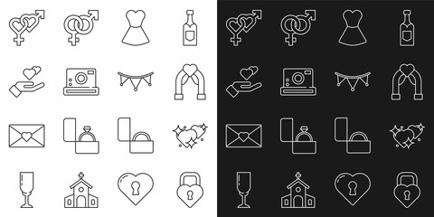 Set line Castle in the shape of heart, Two Linked Hearts, Wedding arch, Woman dress, Photo camera, hand, Gender and Carnival garland with flags icon. Vector