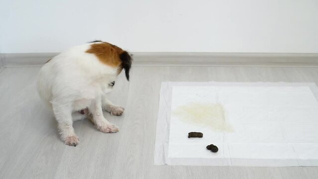 Cute puppy sitting near poop spot at home. Bad dog behavior. A dog on an absorbent diaper diaper pad, how to train a puppy to the toilet
