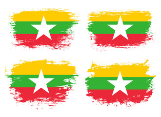 Artistic Myanmar country brush flag collection. Set of grunge brush flags on a solid background
