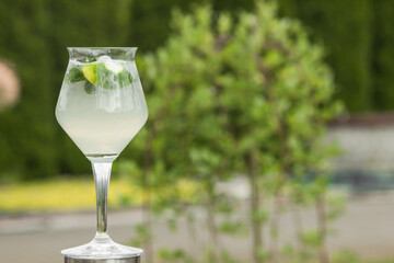Fresh Mojito cocktail in elegant tall glass with green mint leaves, lime slices, white rum and soda water.