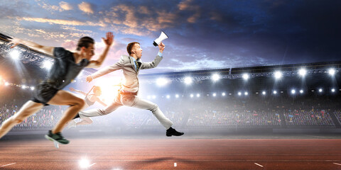 Portrait of energetic businessman jumping in open air