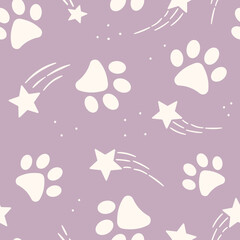 Obraz na płótnie Canvas Purple and white vector pattern for pets with shooting stars and paw prints